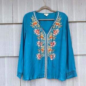 Sundance floral embroidered long sleeve blouse, teal blue, size small
